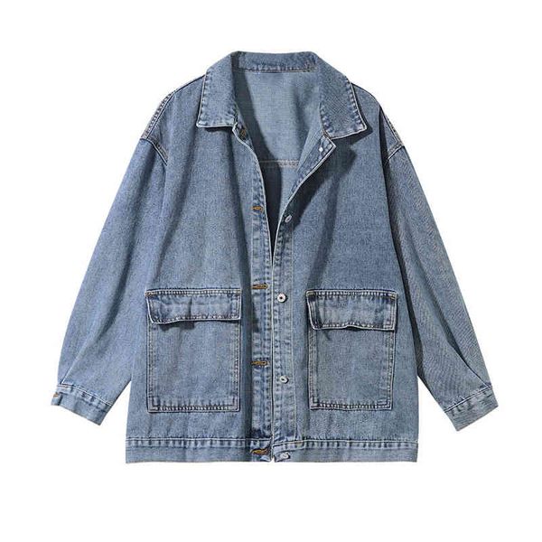 

jacket vintage denim female 2021 casual spring loose washed blue jeans turn-down collar outwear bomber jacket, Black;brown