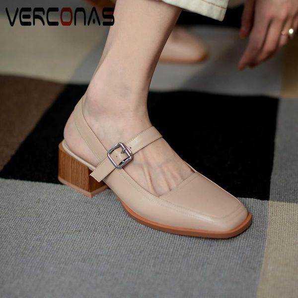 

dress shoes verconas 2021 fashion woman sandals pumps genuine leather arrival party square toe high heels, Black