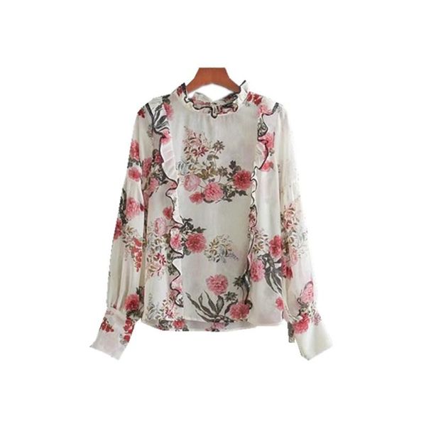 

women's blouses & shirts nsz women floral chiffon blouse ruffles shirt lace edge chic long sleeve transparent camisas mujer camisa femi, White