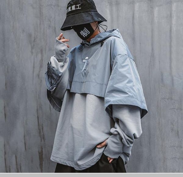 

men's clothes harajuku streetwear oversized hiphop spring shawl sweater fake two black function loose solid hoodies lover hooded blue b