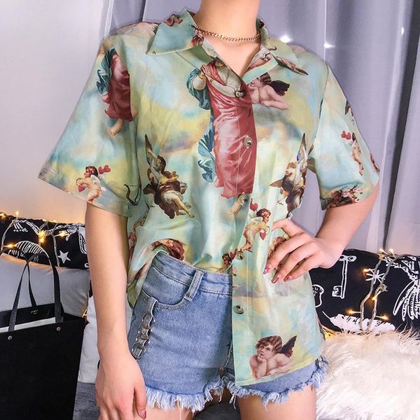 

women shirt summer print short sleeve cartoon button down blouse vintage angel cap sleeve top, White