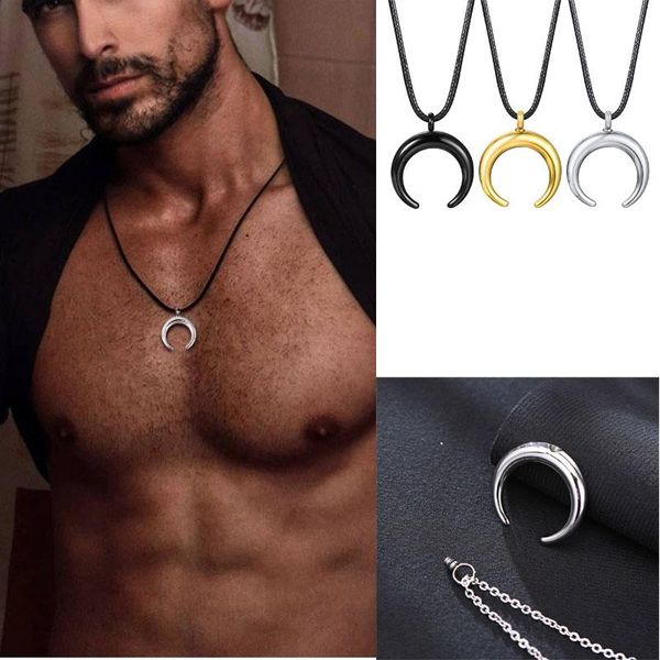 

pendant necklaces double horn urm necklace, ashes crescent moon pendant, black cord chain, memorial jewellery, horned for men women, Silver