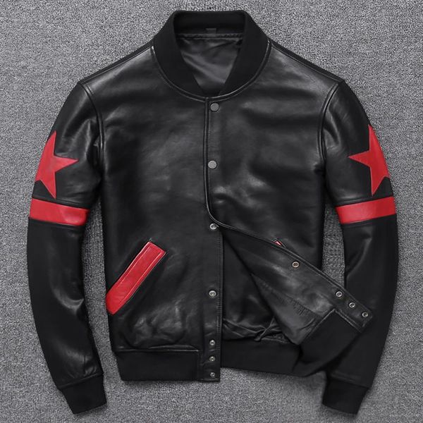 

men's leather & faux head of sheep skin layer baseball uniform lear fur collar jacket coat cultivate, Black
