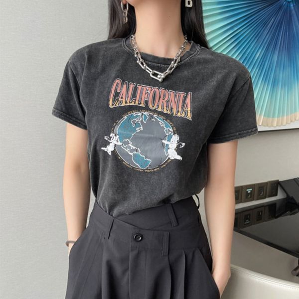 

women's t-shirt vintage earth print round neck short women t-shirts summer loose sleeve crop fashion casual high waist 90j4, White