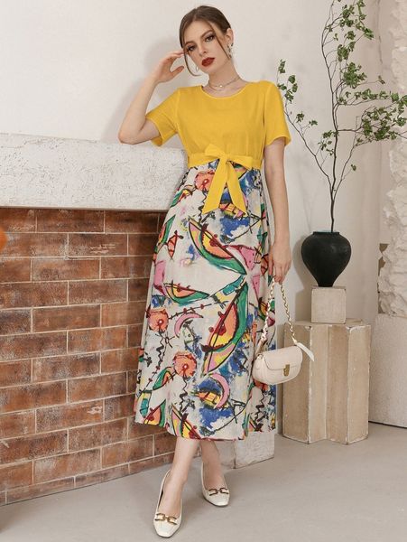 

contrast graphic print self tie dress 27cb#, Black;gray