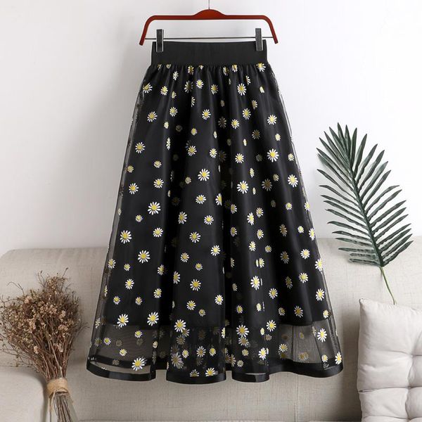 

mesh pleated skirt women little daisy gauze a line 2021 summer flowerong skirts, Black