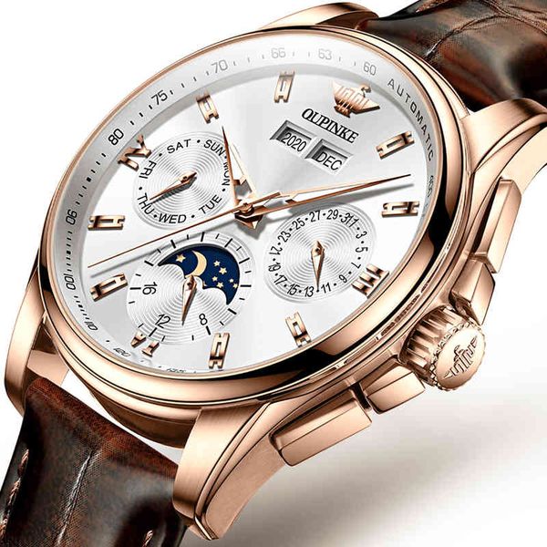 

oupinke brand luxury automatic watch for man mechanical leather sapphire waterproof sports moon phase wristwatch male, Slivery;brown