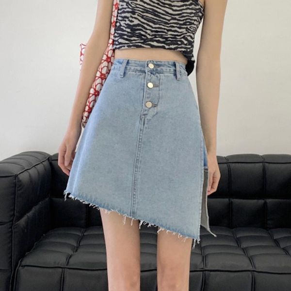 

skirts zoki blue denim women skirt slim high waist tassel split fork jeans a line korean ladies cotton street mini fashion, Black