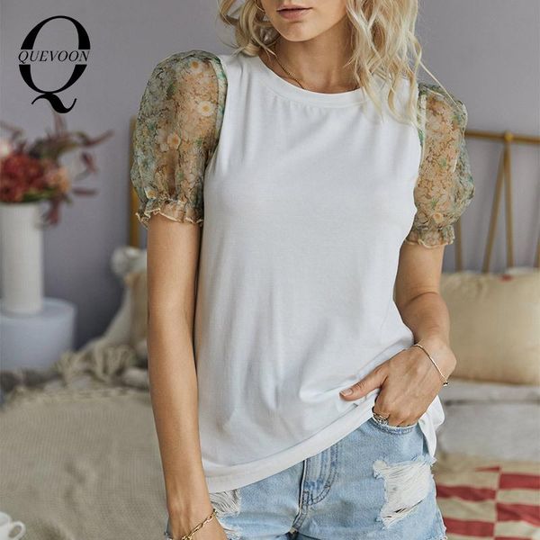 

women's t-shirt quevoon patchwork puff sleeve solid women casual t-shirts elegant fashion office ladies style tees mesh round neck summ, White