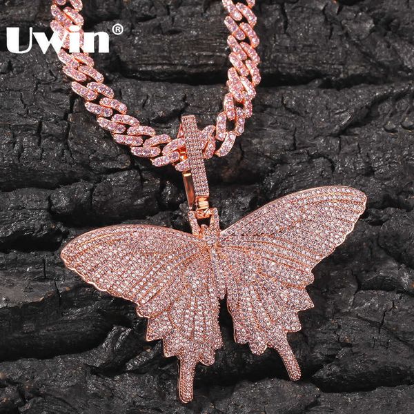 

uwin - necklace with pink cubic zircon butterfly pendant, cuban women's chain, fantasy jewelry, aaa q0809, Silver
