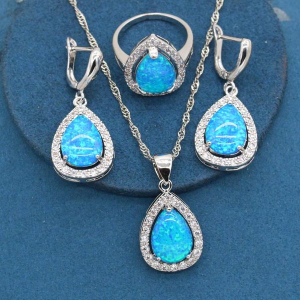 Brincos Colar de Água Gota Azul Opal Pedras de Prata Conjuntos de Jóias para Mulheres Luxury Ring Party Caixa de presente