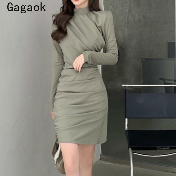 

gagaok sheath women dress 2021 spring autumn solid empire vintage turtleneck dresses slim bodycon wild mini vestidos casual, Black;gray