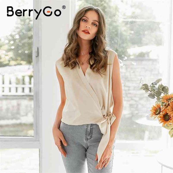

berrygo solid deep v woven women blouse shirt summer short bow sleeveless casual office streetwear 210513, White