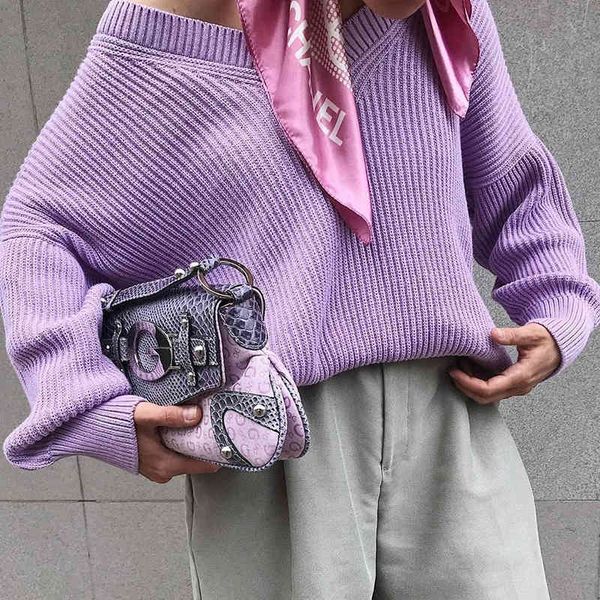 

knitted oversized purple sweater pullovers women v neck streetstyle casual autumn winter sweater batwing sleeve 210415, White;black