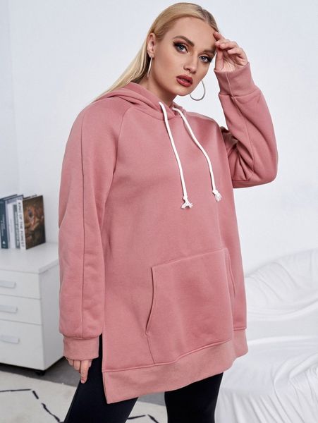 

plus kangaroo pocket slit hem raglan sleeve drawstring thermal hoodie a1lv#, Black