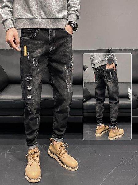 

men's jeans ripped spring and autumn summer thin section tide brand 2021 slim small feet black casual long pants, Blue