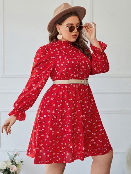 

plus allover floral print flounce sleeve frilled neck dress x2xg#, Black