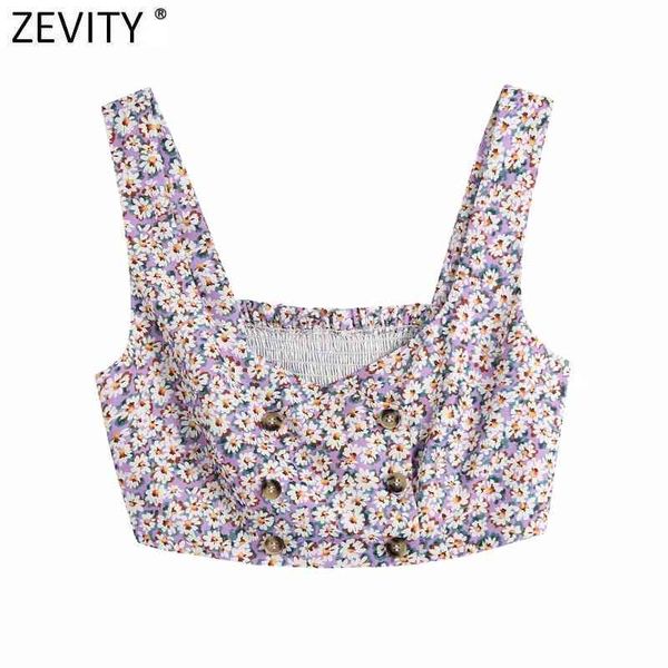 

zevity women double breasted floral print short smock blouse female french style elastic slim shirt purple blusas ls9206 210419, White