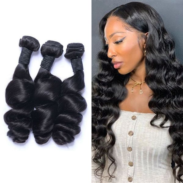 

brazilian human hair loose wave 3/4 bundles unprocessed virgin weft natural color 8-26 inch, Black