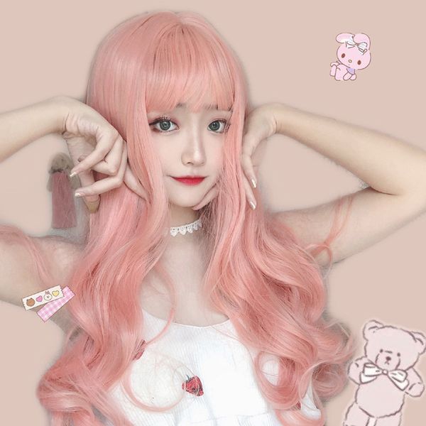 

wig popular european and female american long hair net red air bangs personality light pink curly lolita fake natural full head style, Black