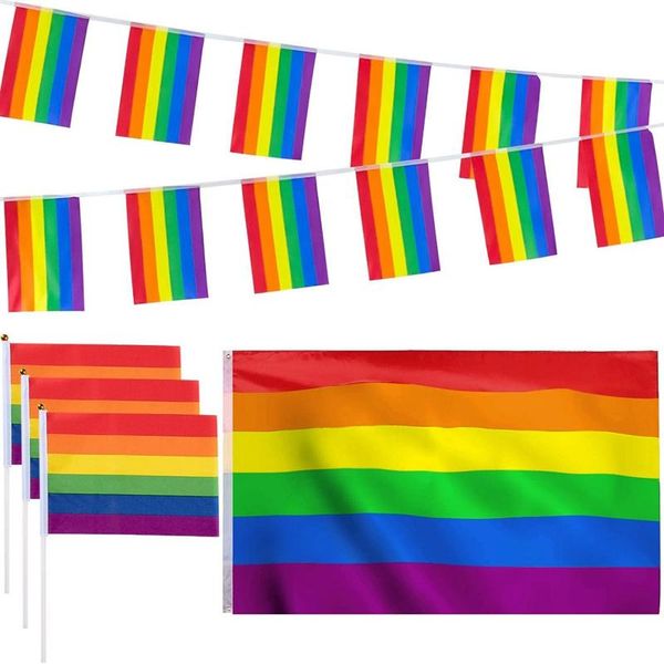 

party decoration 12 pack gay pride rainbow flag set large banners bunting flags and small hand with sticks for parade