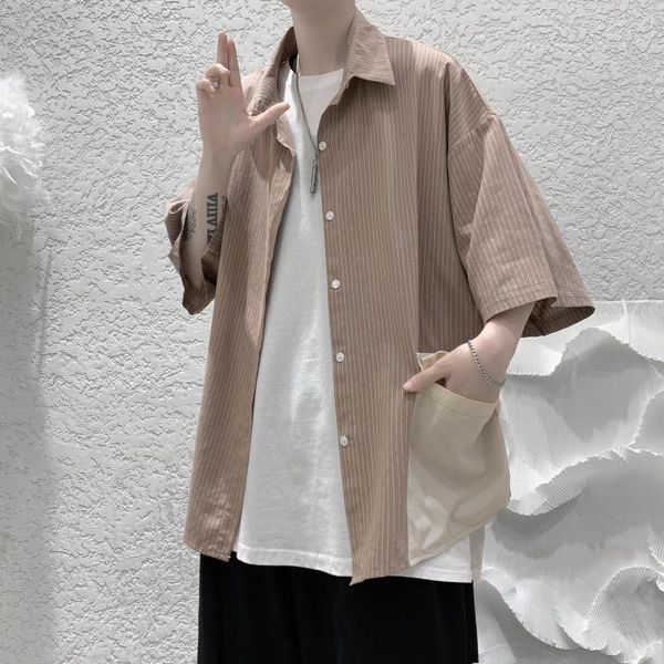 

men's casual shirts shirt for men striped 2021 summer short sleeve loose big pockets mens holiday vacation clothing chemise, White;black