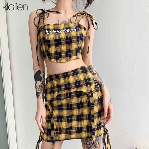 

skirts summer fashion plaid two piece women elegant cute college style korean street female camisole and skirt set, Black