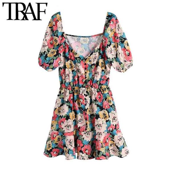 

women chic fashion with buttons floral print mini dress vintage v neck short sleeve female dresses vestidos mujer 210507, Black;gray