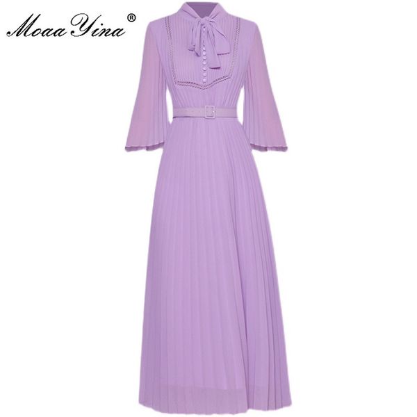 Designer de moda verão elegante roxo vestido plissado mulheres gravata borboleta flare manga faixas chiffon midi vestidos 210524