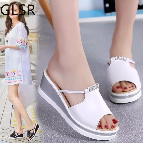 

summer women flip flops platform sandals shoes ladies white middle heel peep toe slides hollow out slippers, Black