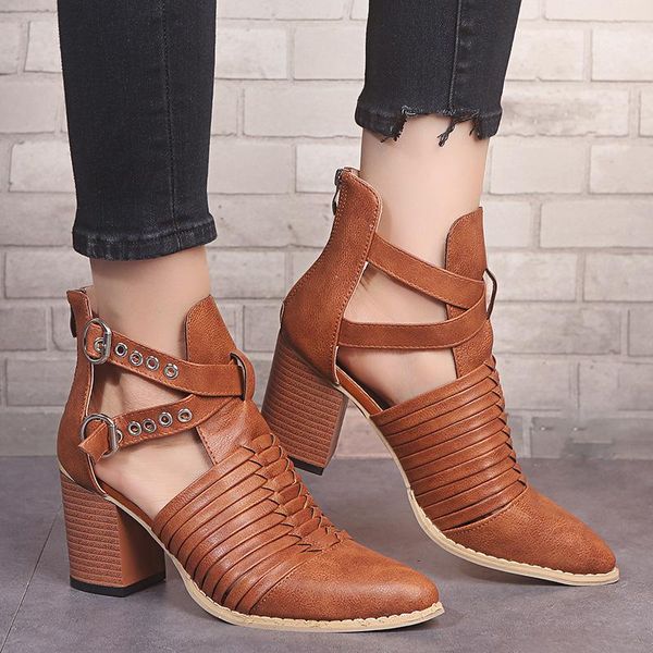 

wish amazon's autumn short tube boots thick heel women's belt buckle hollow knitting pointed sandals, Black