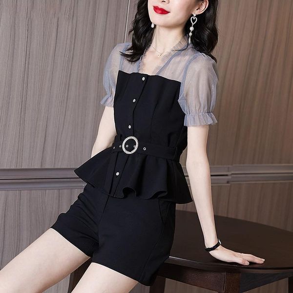 

women's tracksuits women elegant two piece chiffon sets slim business clothes office lady 2021 summer blouses shirts with belt+short pa, Gray