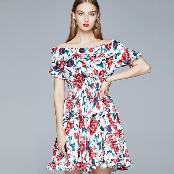 

summer women short sleeve floral print runway off shoulder slash neck elegant vintage patchwork ruffles party mini dresses 210514, Black;gray