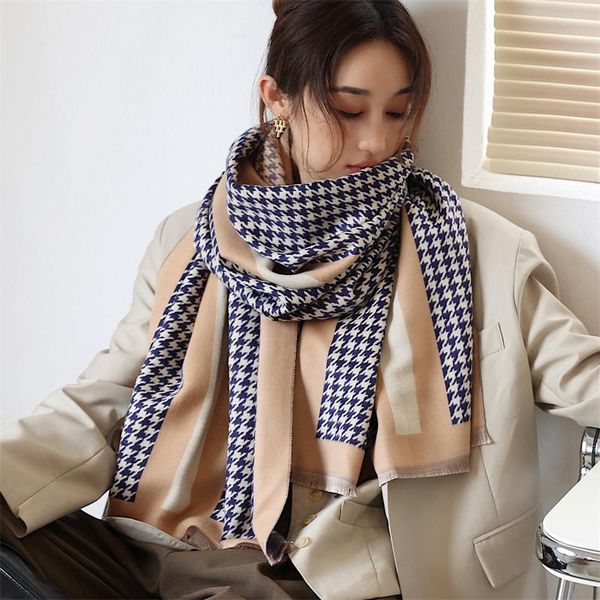 

scarves style thick warm winter scarf houndstooth design printed women's cashmere shawl ladies knitted square, Blue;gray