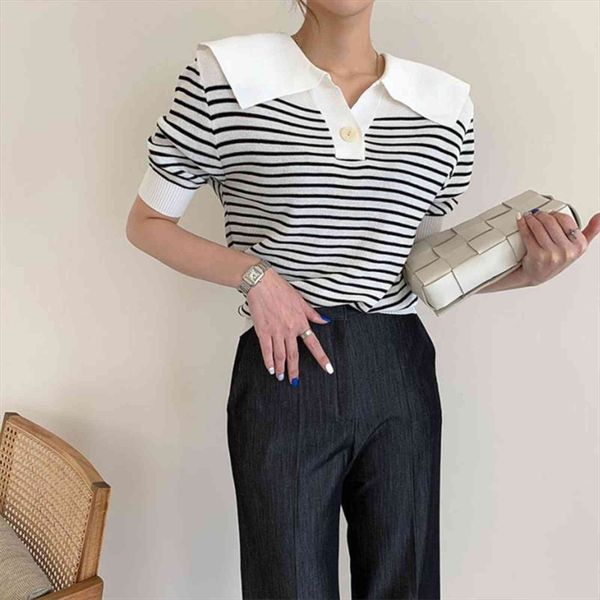 

hzirip vintage loose striped womens sweaters all match thin office lady work pullover short sleeve slim knitted, White;black