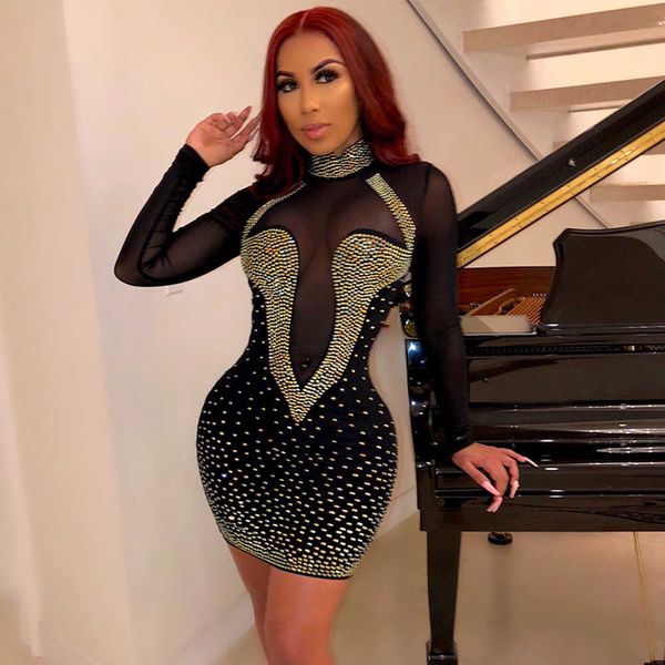 

woman dress diamond mesh night club long sleeve dress high wasit o-neck sheath evening party bodycon white summer dress 210712, Black;gray