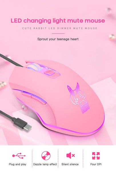 

pink cute wired mouse usb type-c optical dazzling colorful glowing portable fashionable gaming streaming use accessory mice