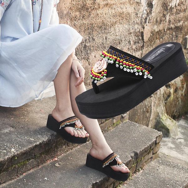 

slippers fashion summer ethnic women platform flip flops string bead med wedges outdoor print casual ladies shoes, Black