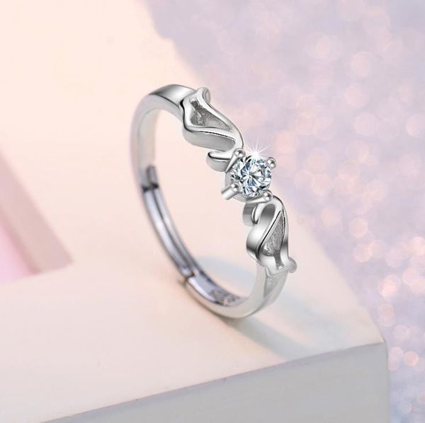 

s925 sterling silver platinum-plated diamond ring angel wings classic ladies wedding bridal fashion luxury jewelry non-fading adjustable, Golden;silver