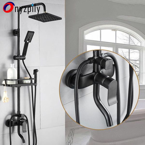 

matte black rainfall shower faucet set single lever bathtub mixer with storage shelf cold water tap bathroom sets