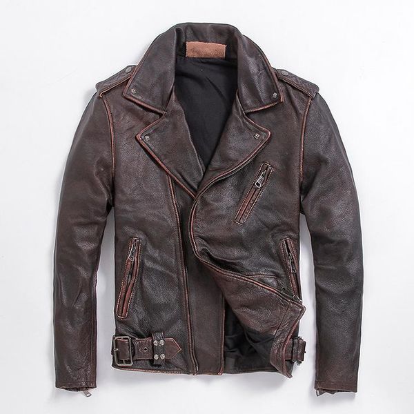 

men's leather & faux factory 2021 vintage brown men slim fit motorcycle jacket 100% real cowhide short biker jackets russia winter coat, Black