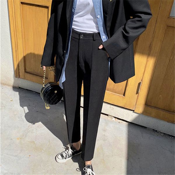 

loose large size texture solid irregular slender streetwear vintage high waist all match straight pencil trousers 210421, Black;white
