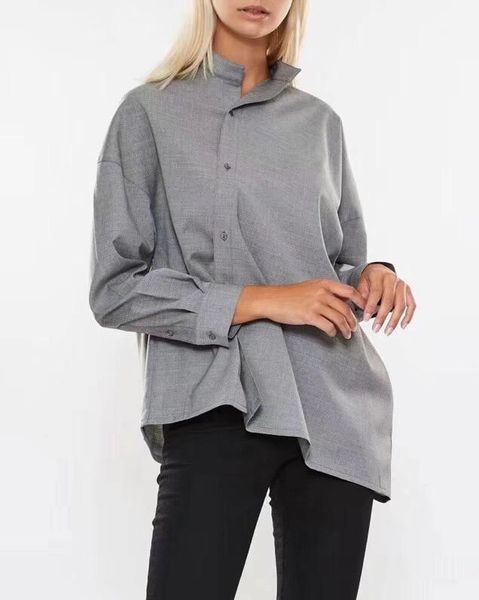 

[elfstyle] - grey noma wool shirt stand collar front asymmetric button up drop shoulder long sleeve buttoned cuffs blouse women's, White