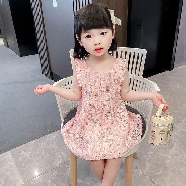 

girl's vest dress pure color heavy industry lace princess summer girl baby fashion dresses, Red;yellow