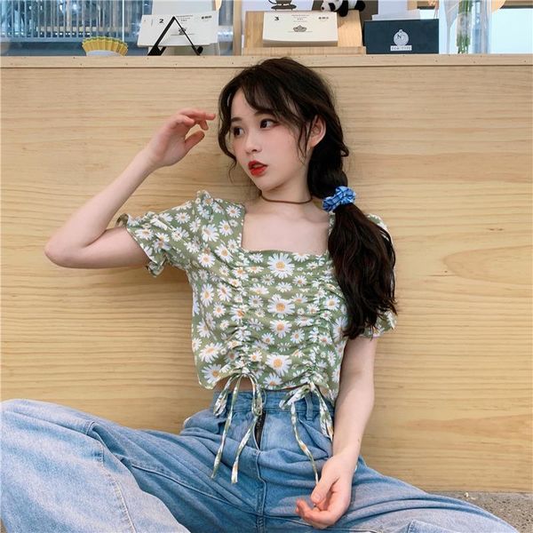 

women's blouses & shirts heydress daisy blouse short women vintage chiffon square collar floral plus size clothes ruffle crop lace-up, White