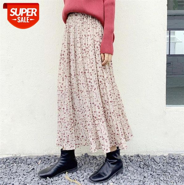 

[ou fan] 7101 small fresh floral high-waist pleated skirt women's mid-length #qg5y, Black;gray