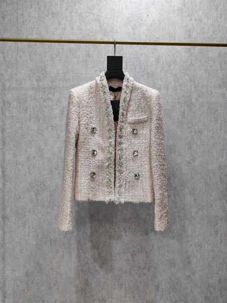 

2023 winter new silver string sequin bead padded shoulder double row rhinestone wool tweed short coat all-matching top, Black