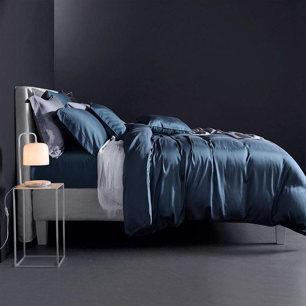 

bedding sets solid color summer soft tencel silk bed sheet fitted king size  set blue duvet cover parure de lit