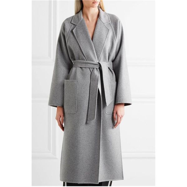 

loose fit gray belt pocket warm woolen coat parkas lapel long sleeve women fashion windbreaker 2021 autumn winter outerwear women's woo, Black