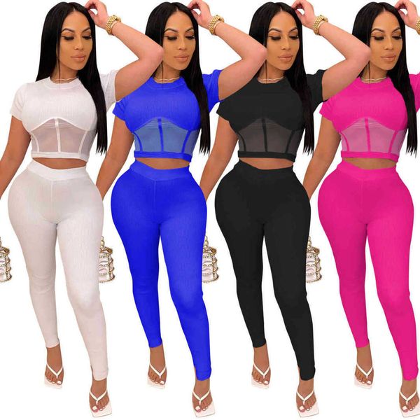 

women two piece set tracksuits designer mesh perspective short sleeve pencli pants suit night club party casual ladies clothing, Gray